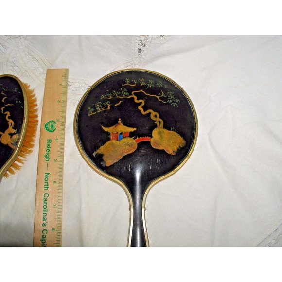 Antique Chinese Bakelite Black and Gold Large Hand Painted Mirror and Brush Set - Picture 8 of 12